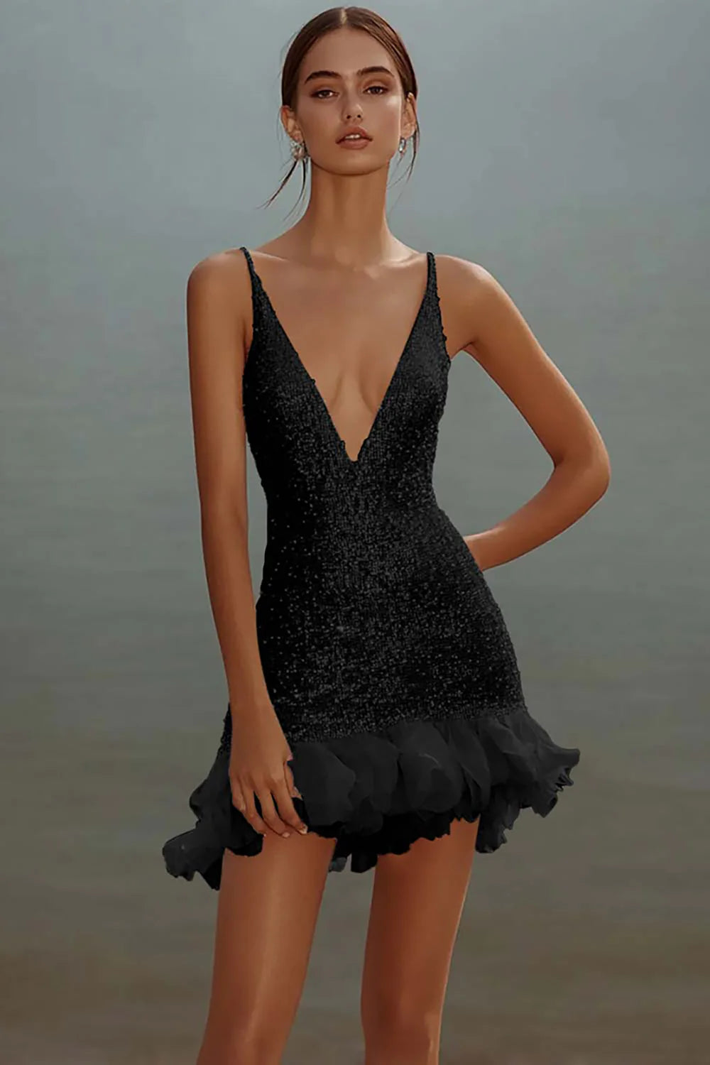 Sparkly White V Neck Sequins Mini Graduation Dress With Ruffles
