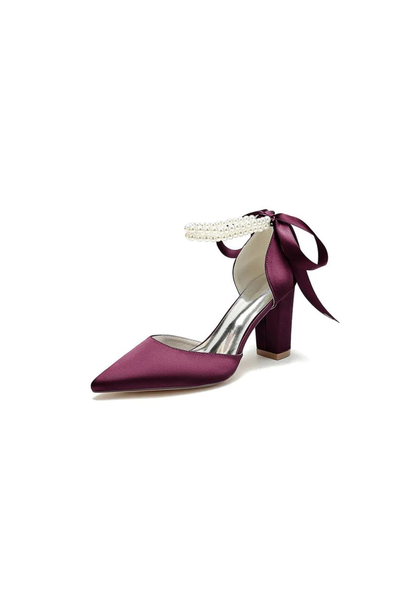 Pointed Toe Pearl Ribbon Ankle Strap Chunky Heel