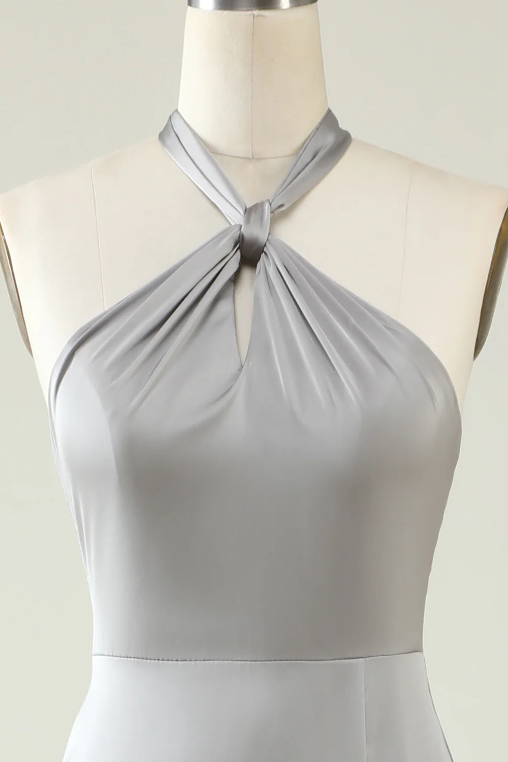 Grey A Line Halter Backless Bright Satin Bridesmaid Dress with Slit