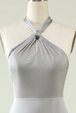 Grey A Line Halter Backless Bright Satin Bridesmaid Dress with Slit