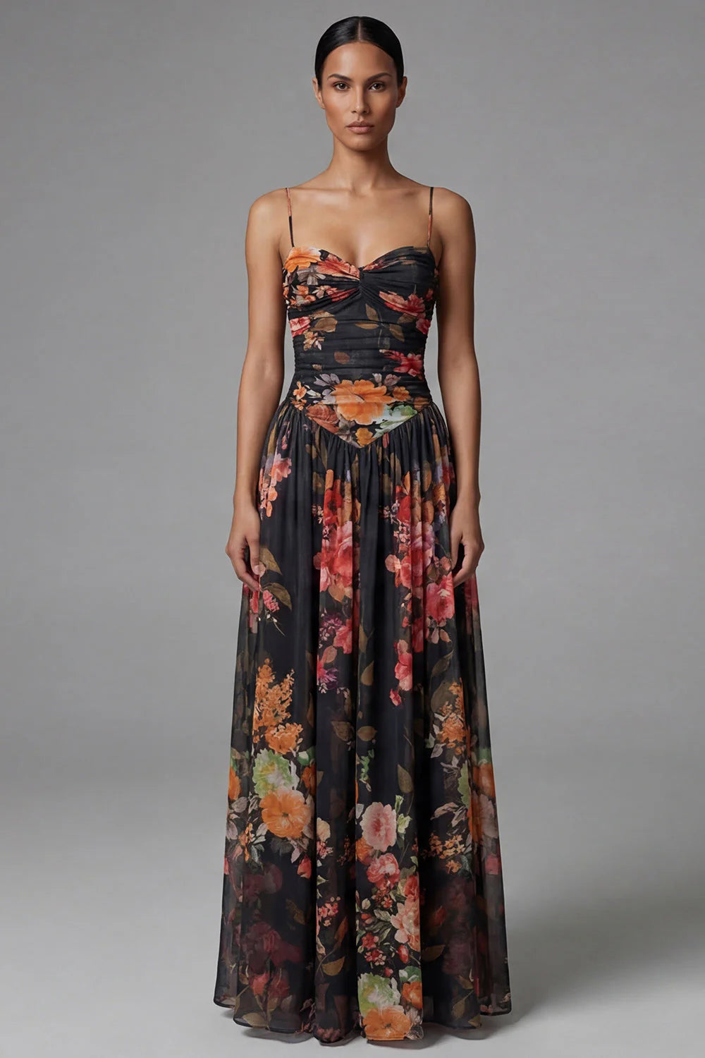 Black A Line Printed Ruched Long Formal Dress