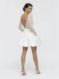 Simple A Line Short Knee length Satin Lace Bateau Long Sleeve Wedding Dress