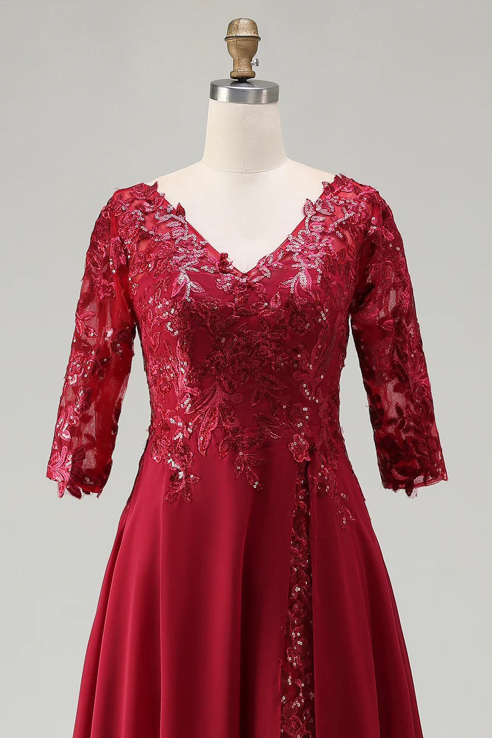 Silver Appliqued A Line V Neck Long Mother Of The Bride Dress with Lace Up Back