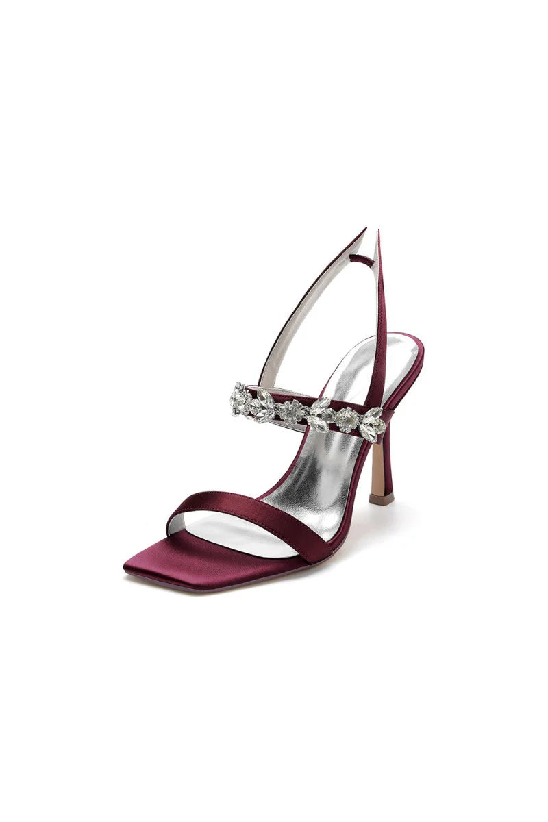 Unique Square Open Toe Crystal Strap Chunky Heels