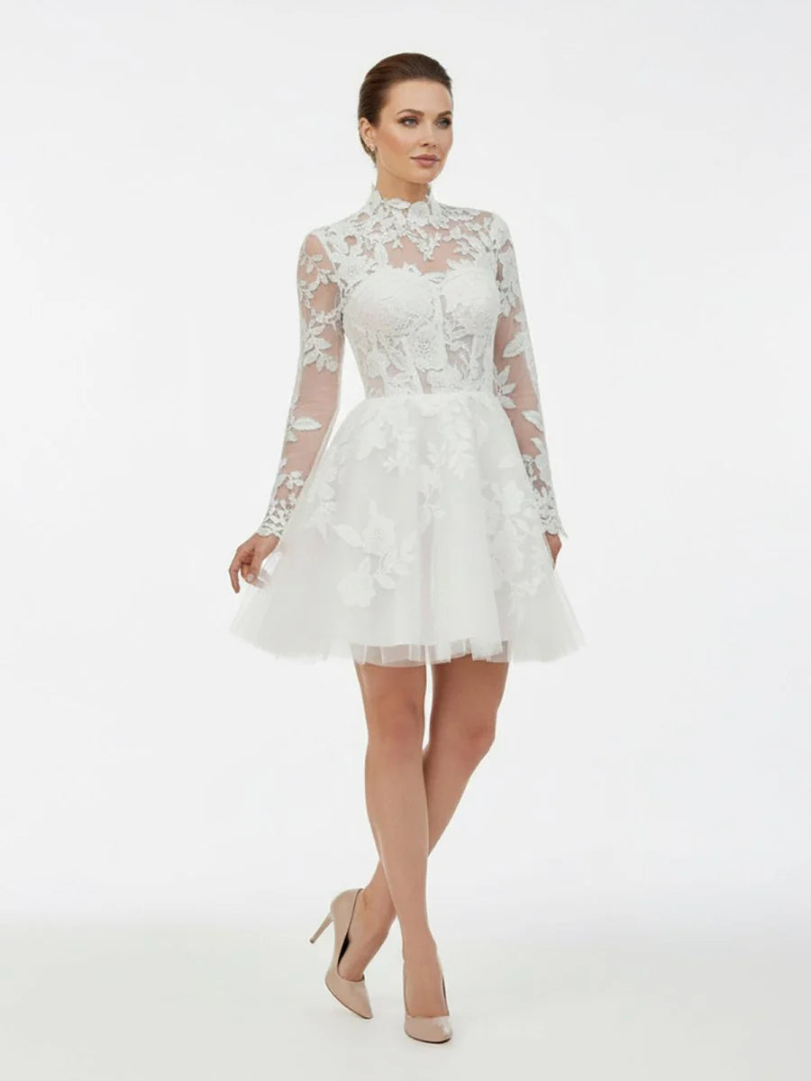 Short White A Line Illusion Neck Long Sleeves Lace Wedding Dresses