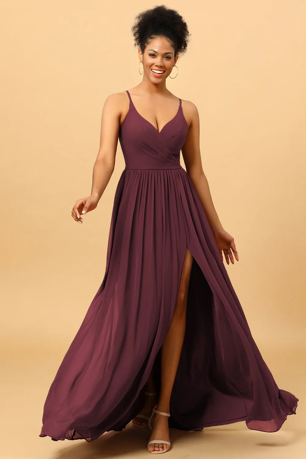 A Line Spaghetti Straps Ruched Long Chiffon Bridesmaid Dress with Slit