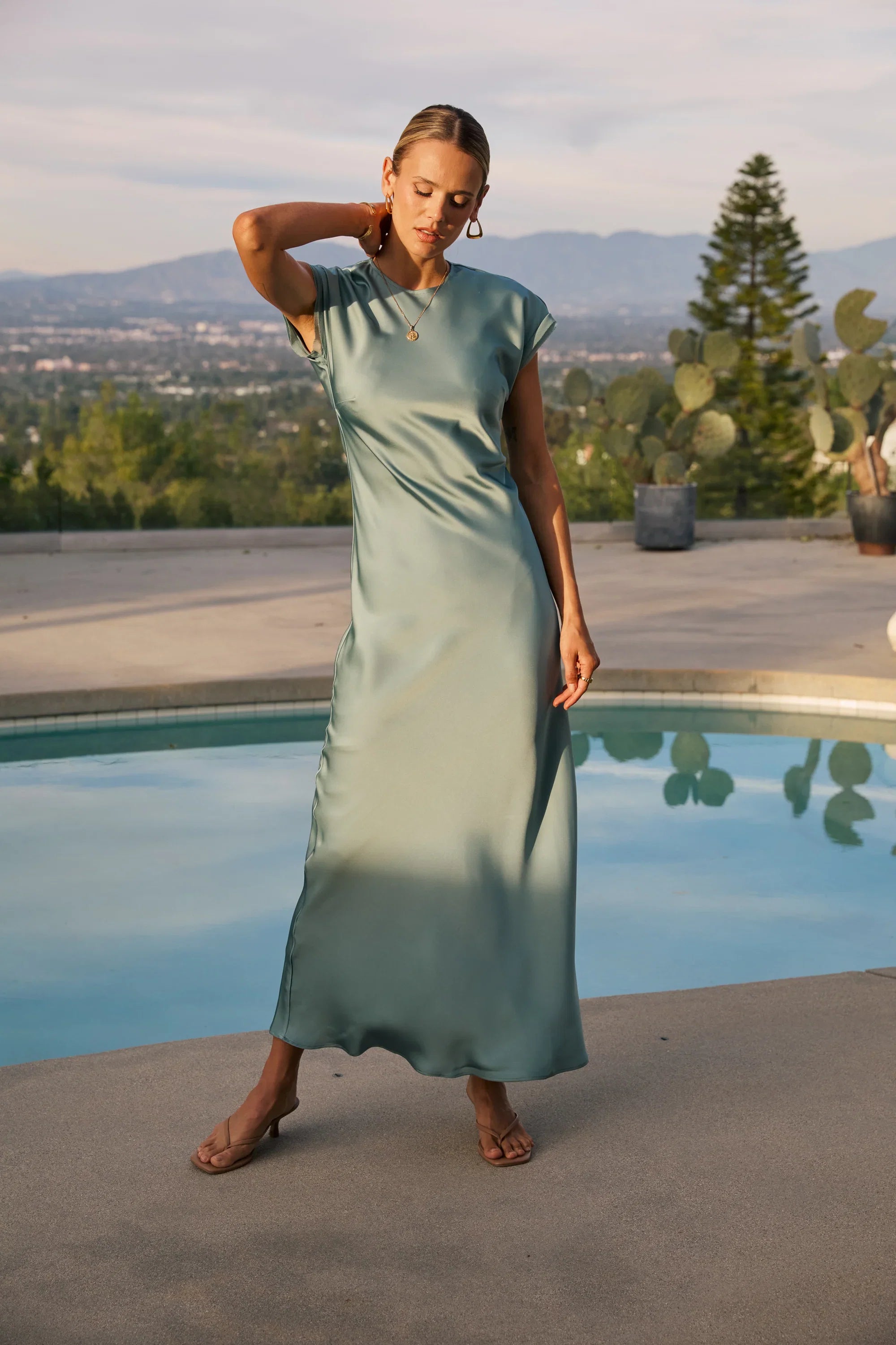 Hannah Satin Maxi Dress in Teal