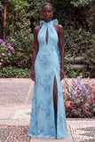 Halter Blue Mermaid Floral Embroidery Bow Keyhole Maxi Dress with Slit