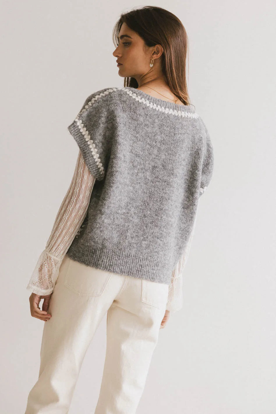 Hazel Embroidered Sweater Top in Grey FINAL SALE