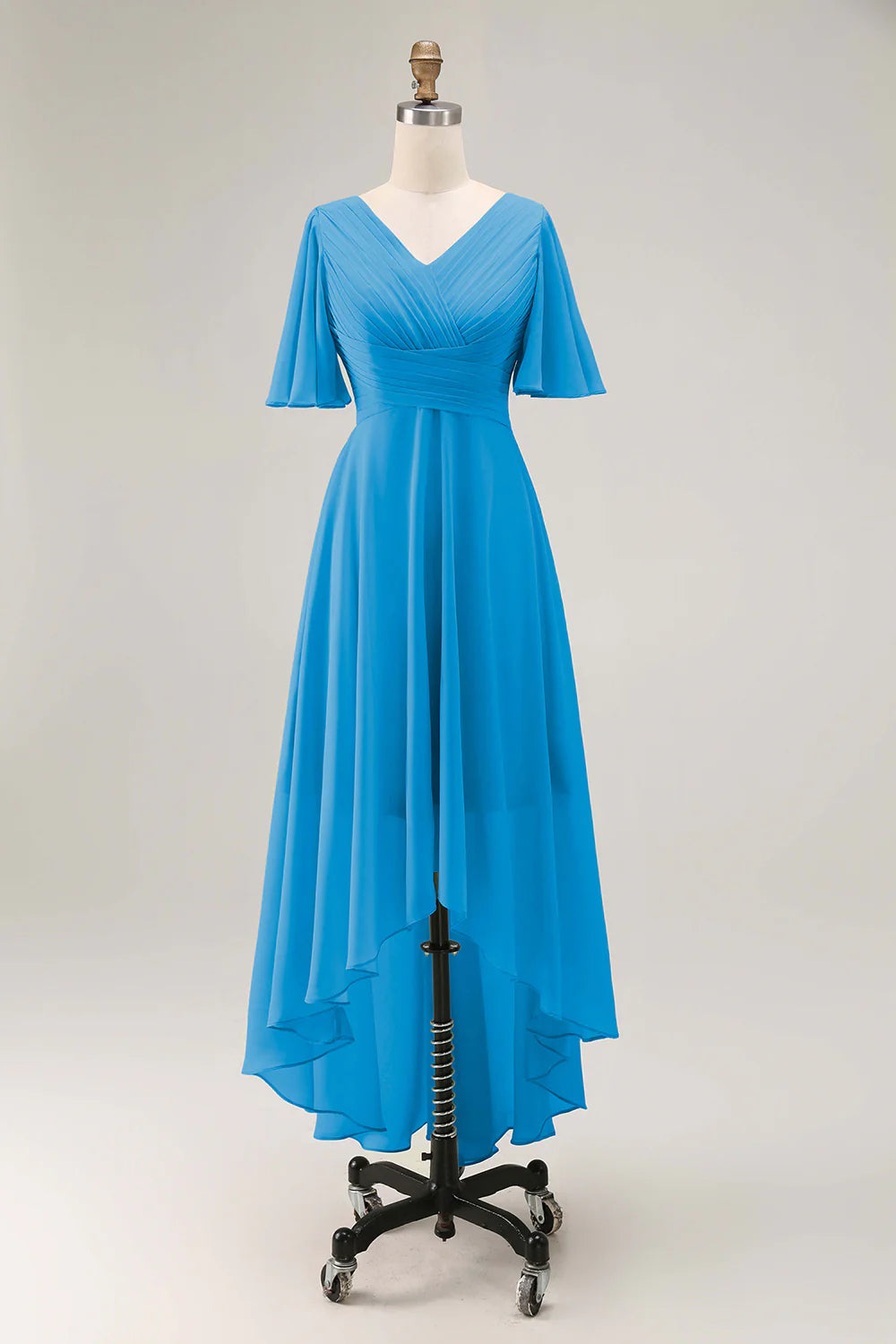 Sage Green A Line Chiffon Pleated High Low Bridesmaid Dress with Short Sleeves