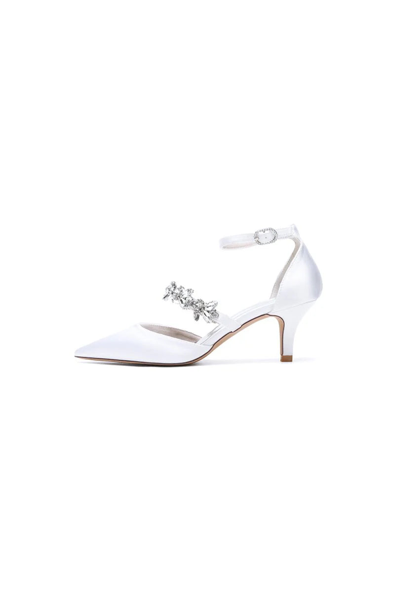 Crystal Strap Pointed Toe Satin Kitten Heels