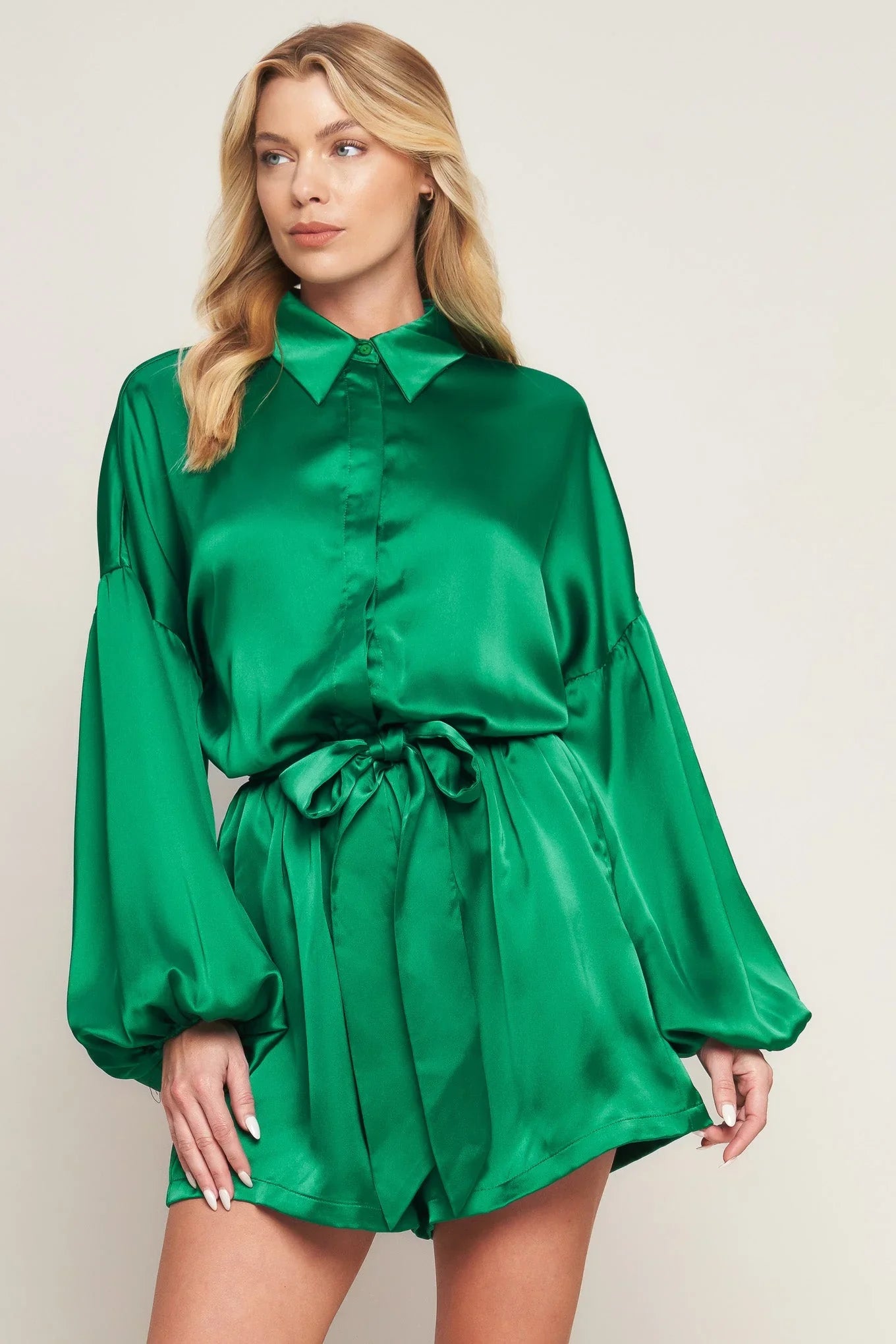 CELEBRATION TIME GREEN SATIN ROMPER WITH LONG SLEEVES FINAL SALE