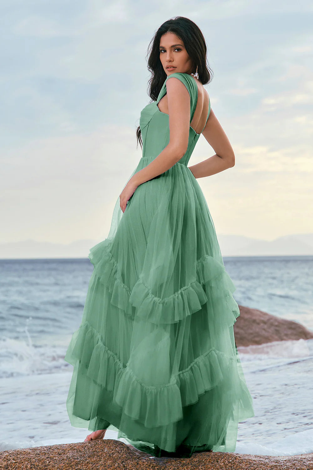 Grey Blue A Line Ruched Corset Long Bridesmaid Dress with Ruffles