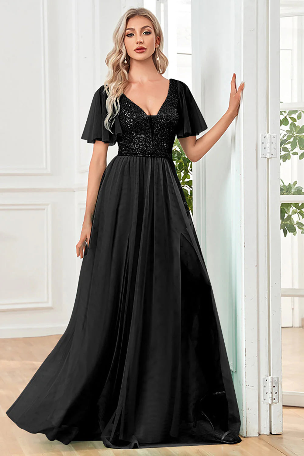 Black A Line V Neck Long Prom Dress with Sequins