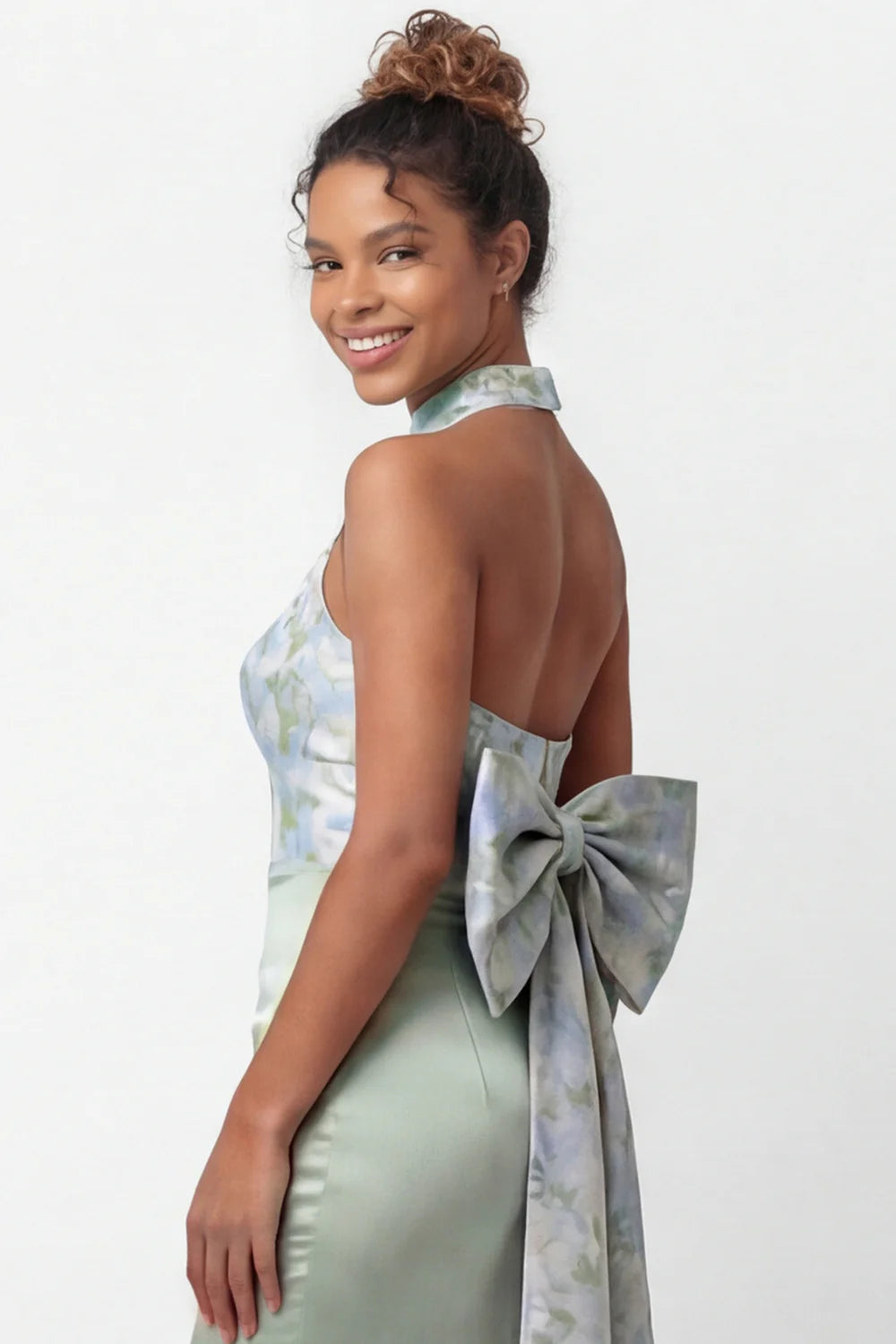Green Printed Mermaid Halter Satin Bridesmaid Dress with Bow