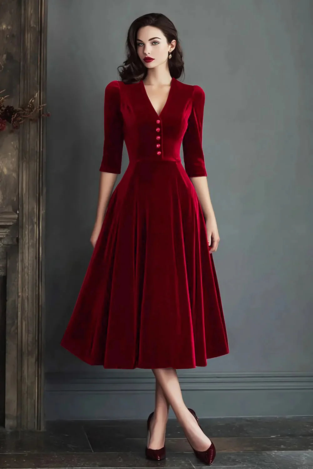 Burgundy A Line V Neck Velvet Midi Work Dress with Half Sleeves