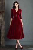 Burgundy A Line V Neck Velvet Midi Work Dress with Half Sleeves