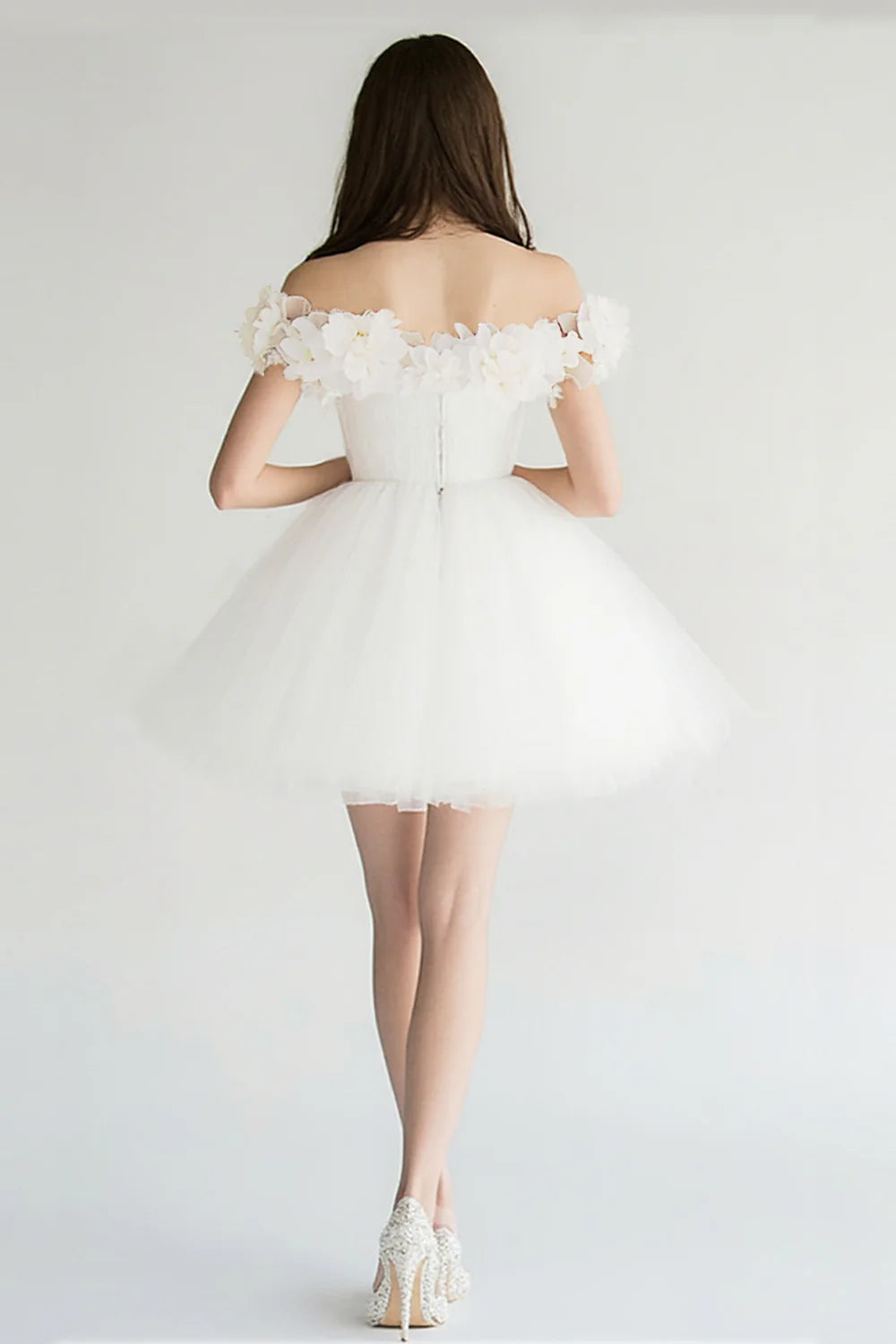 White A Line Tulle Off the Shoulder Short Graduation Dress with Appliques