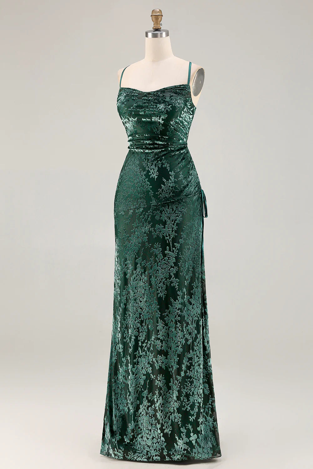 Dark Green Sheath Burnout Velvet Spaghetti Straps Maxi Dress with Lace Up Back