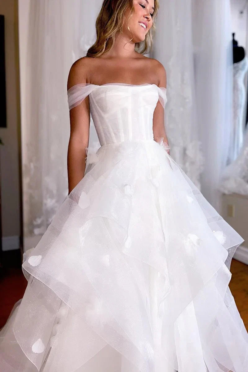 Simple White Corset A Line Wedding Dress with Appliques