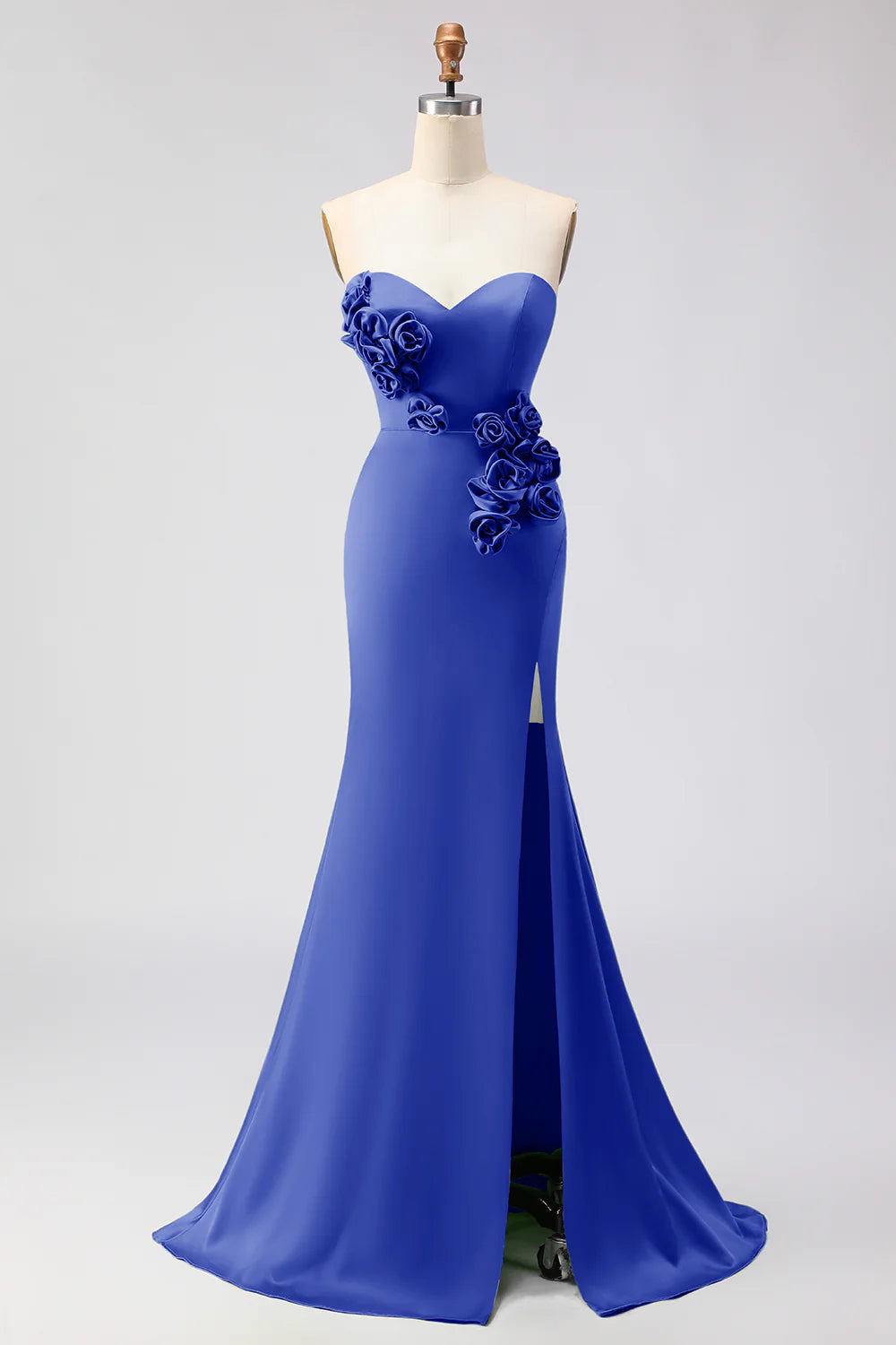 Green Strapless Mermaid 3D Flower Satin Long Prom Dress with Slit
