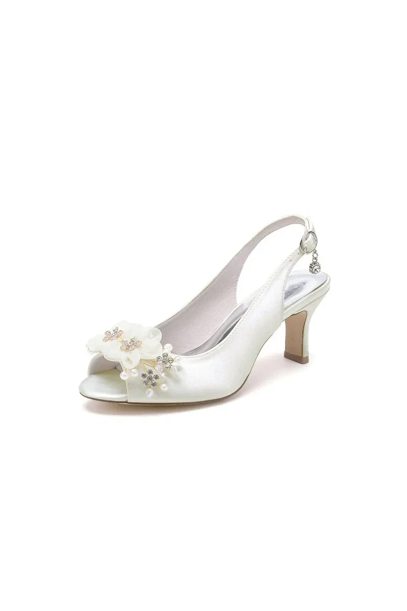 Peep Toe Slingback Beaded Chunky Wedding Shoes with Flowers