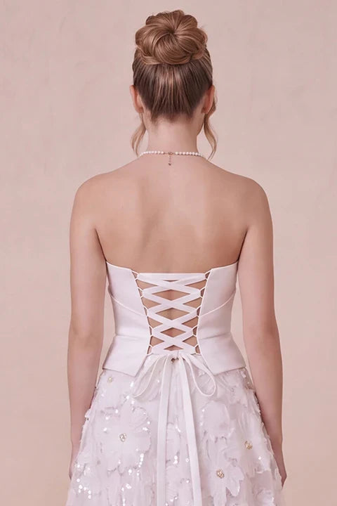 White A Line Floral Sweetheart Engagement Dress