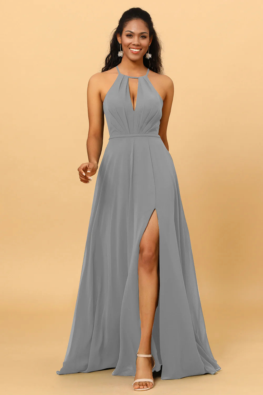 A Line Halter Open Back Long Chiffon Bridesmaid Dress With Slit