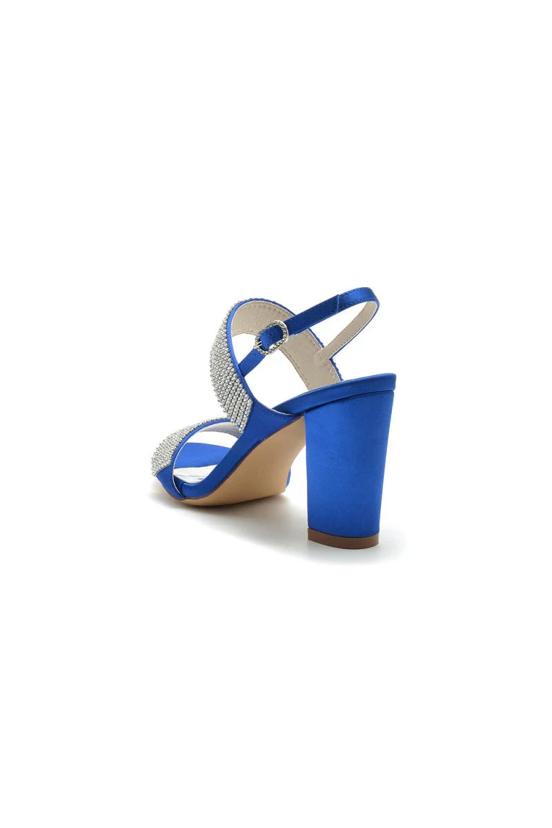 Open Toe Beaded Buckle Satin Chunky Heels