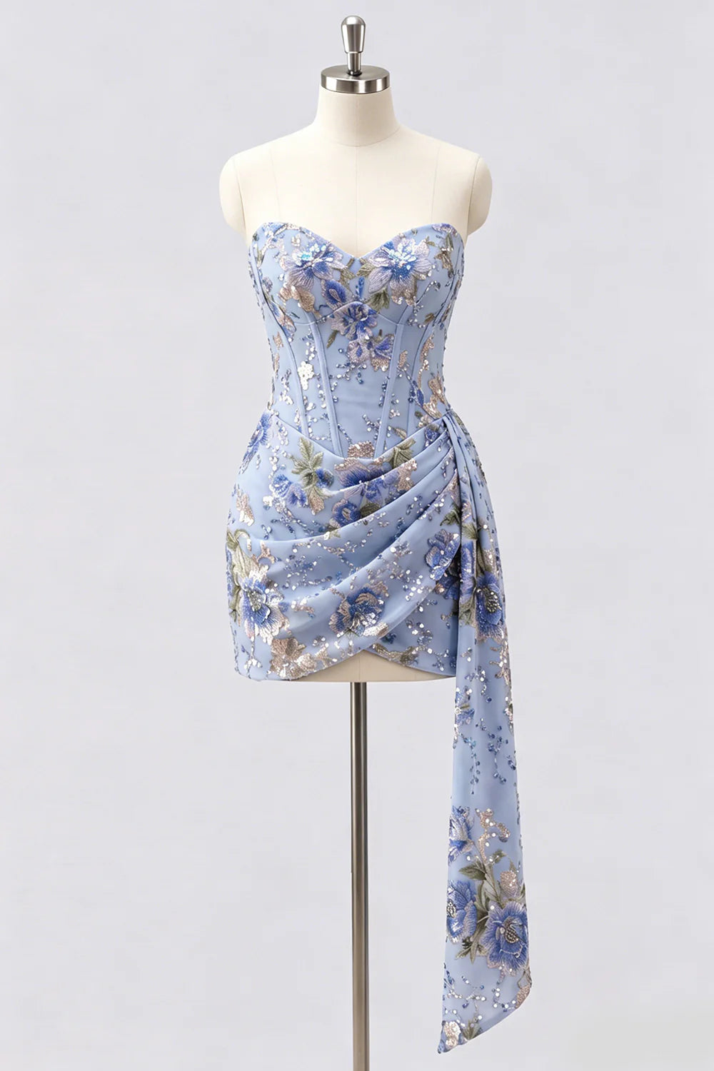 Strapless Pink Bodycon Corset Floral Sequin Homecoming Dress with Sash
