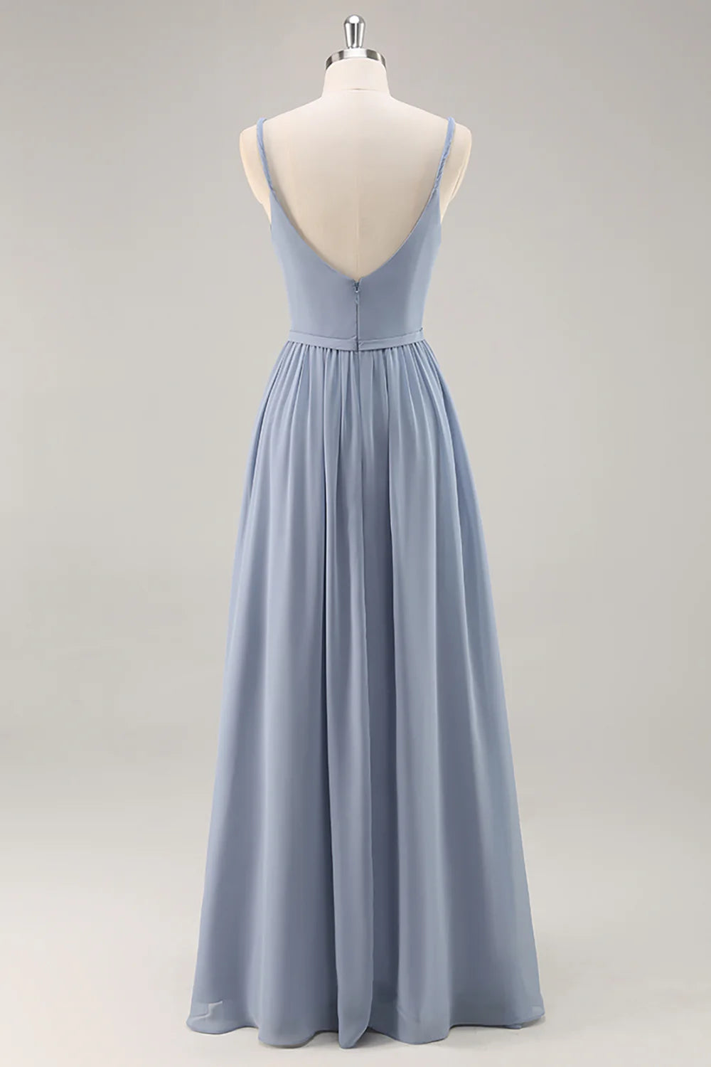 Dusty Blue A Line Spaghetti Straps Ruched Long Bridesmaid Dress with Slit