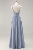 Dusty Blue A Line Spaghetti Straps Ruched Long Bridesmaid Dress with Slit