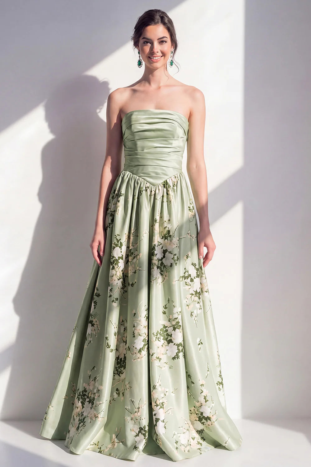 Strapless Sage Green A Line Floral Bridesmaid Dress