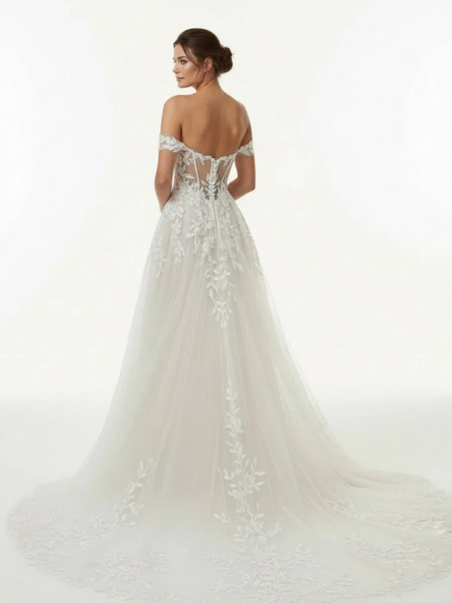 A line Lace Beach Wedding Dress with Off Shoulder Tulle Appliques