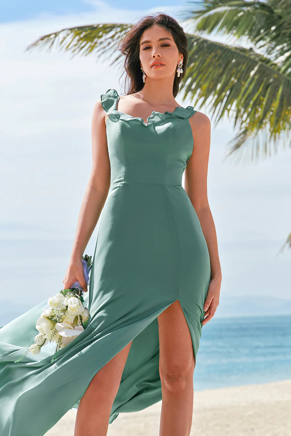 Eucalyptus A Line Square Neck Backless Floor Length Bridesmaid Dress with Slit