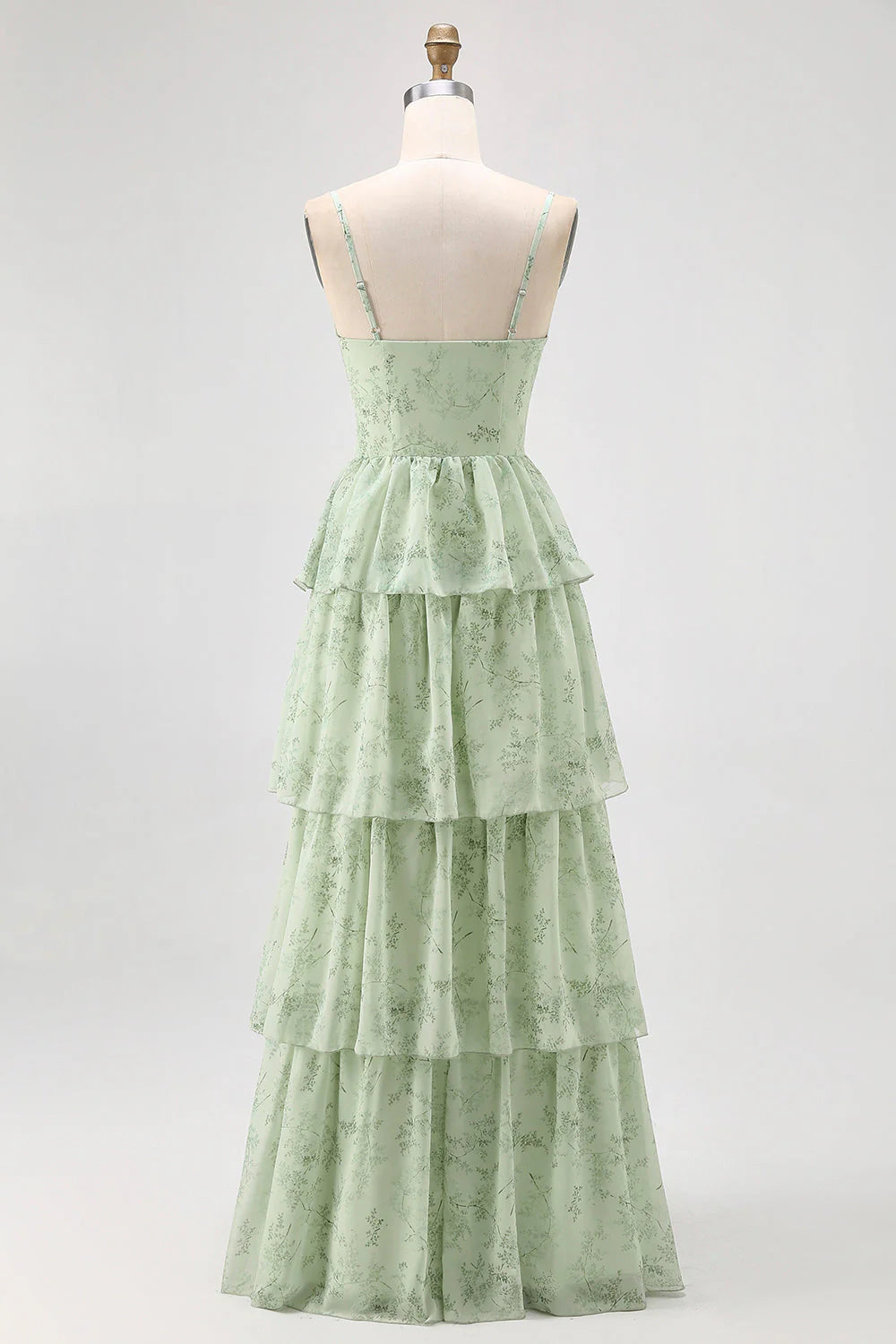 Dusty Sage A Line Corset Tiered Print Floral Long Bridesmaid Dress with Slit