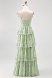 Dusty Sage A Line Corset Tiered Print Floral Long Bridesmaid Dress with Slit