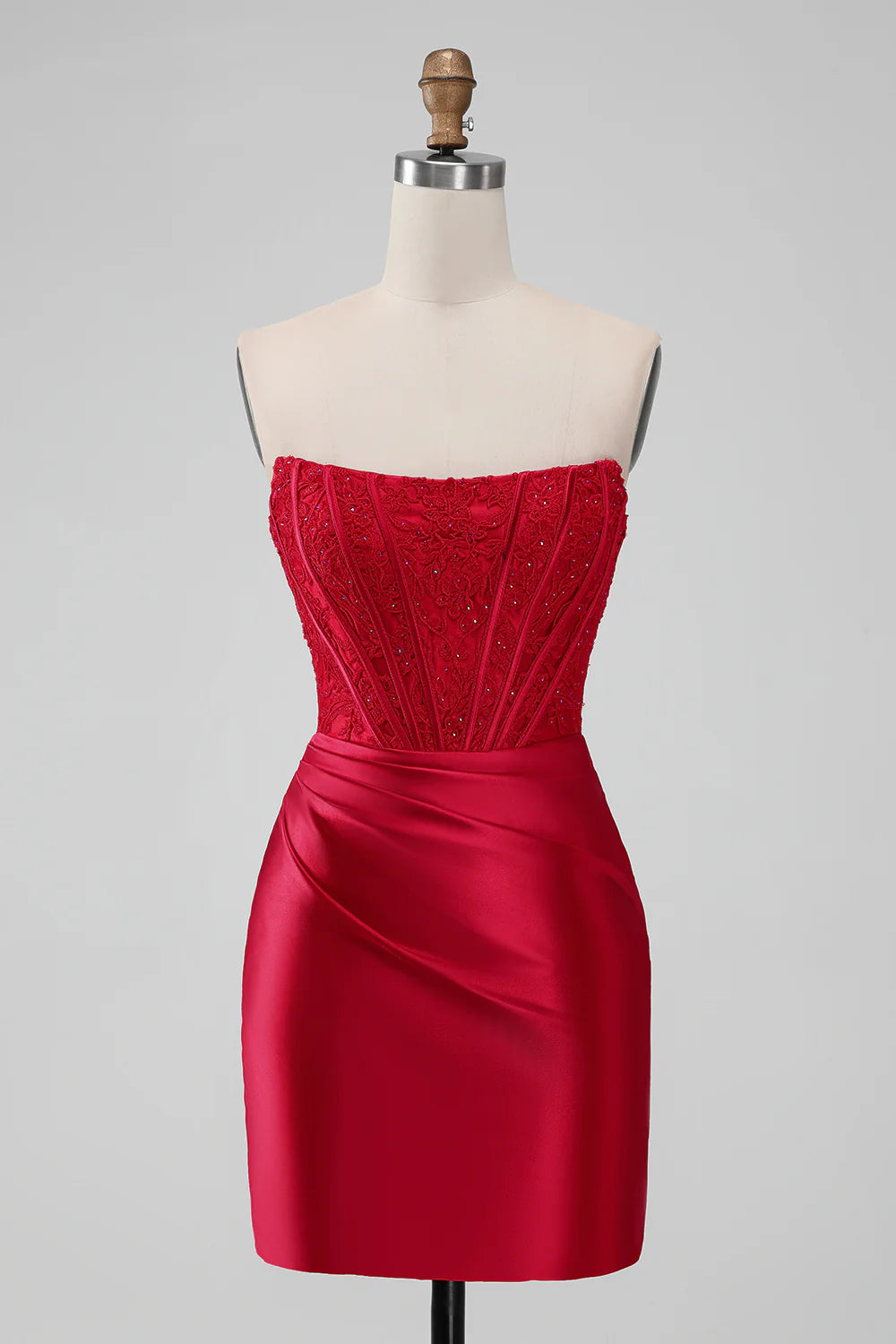 Sparkly Red Bodycon Strapless Pleated Corset Short Homecoming Dress With Beading