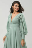 Matcha A Line Detachable Chiffon Bridesmaid Dress With Long Sleeves