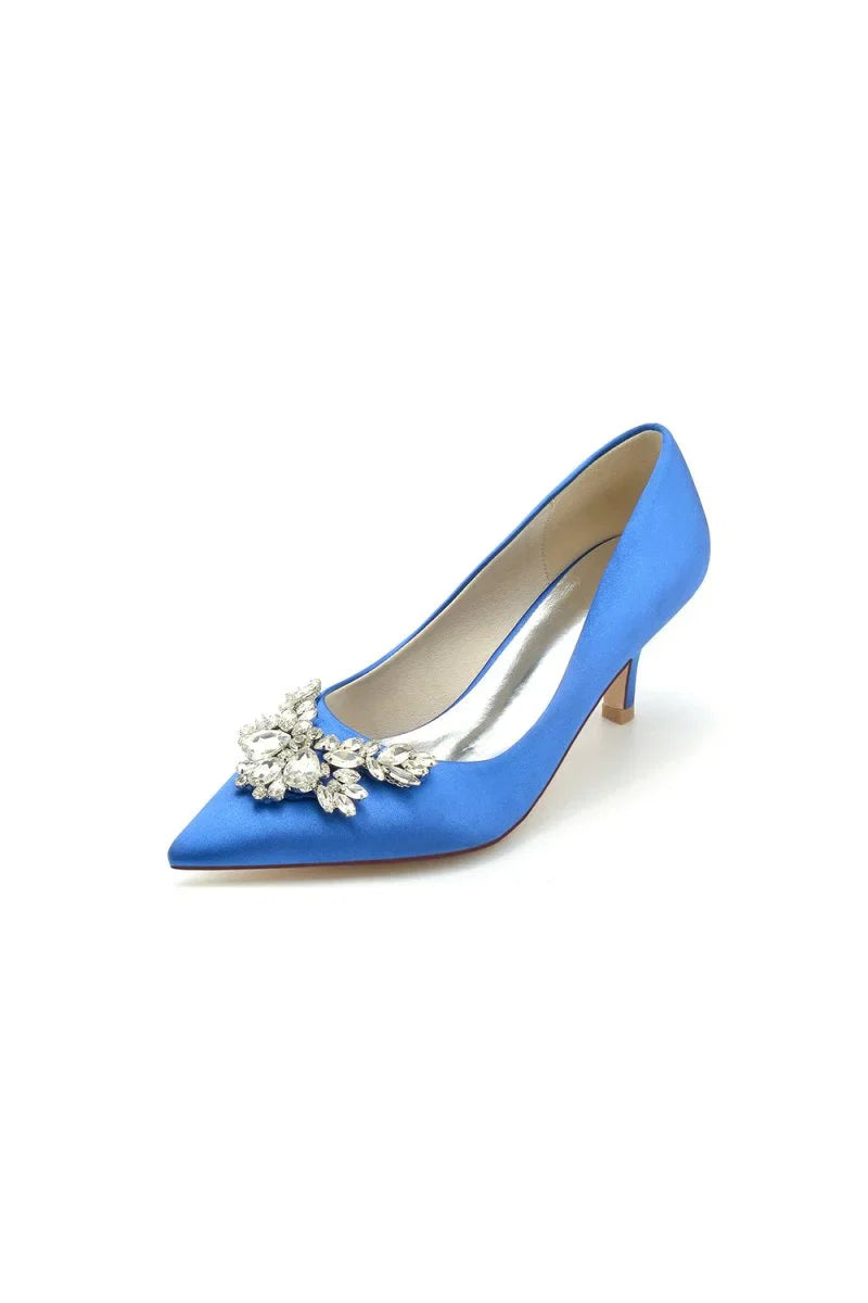 Rhinestone Pointed Toe Satin Kitten Heels