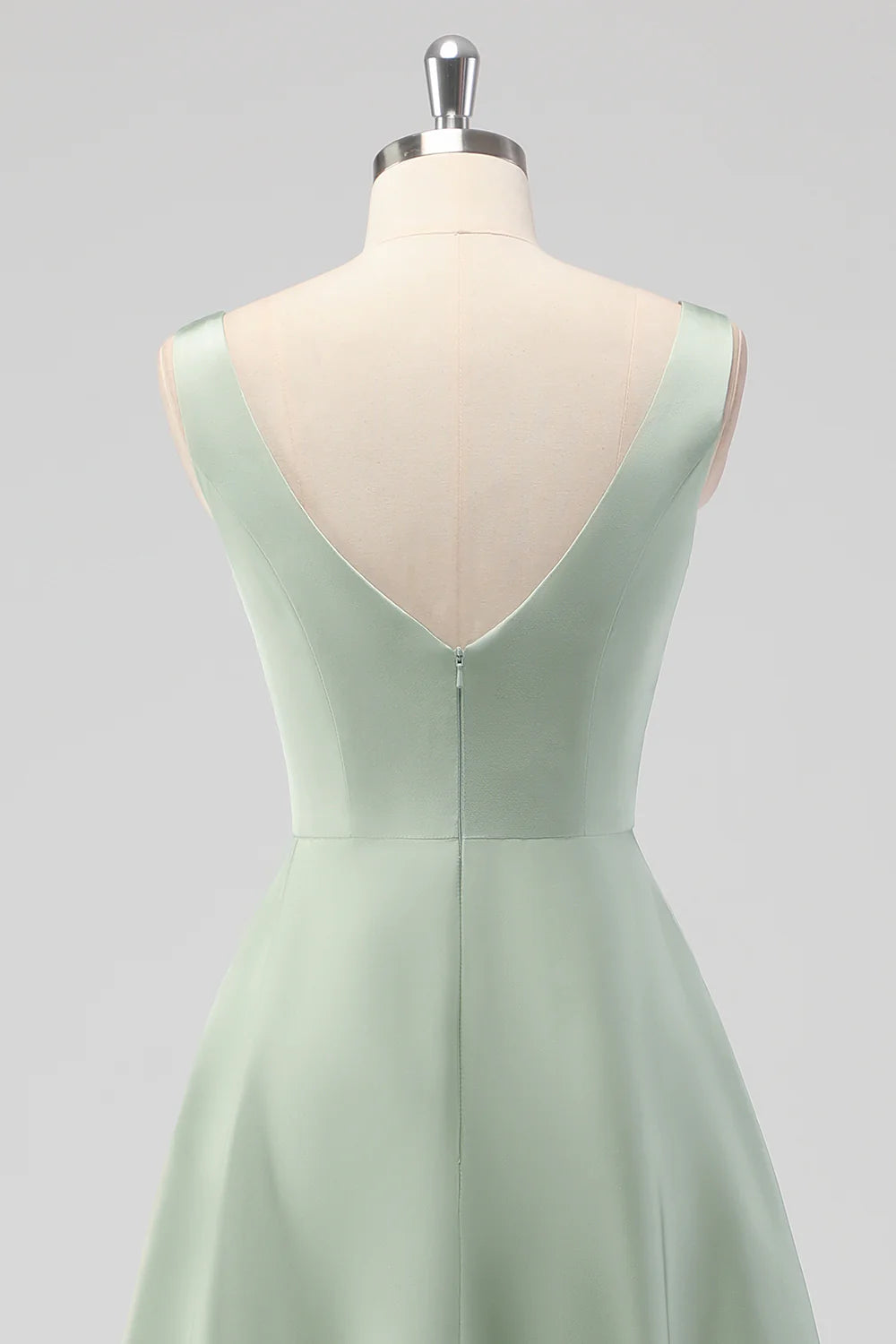 Sage Green A Line Square Neck Tea Length Satin Bridesmaid Dress