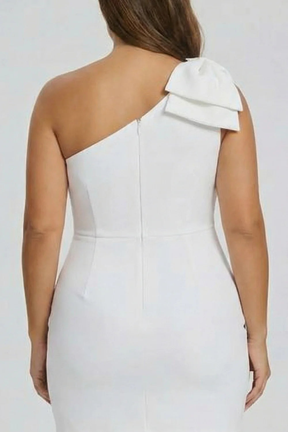 White One Shoulder Bodycon Plus Size Graduation Dress with Bow