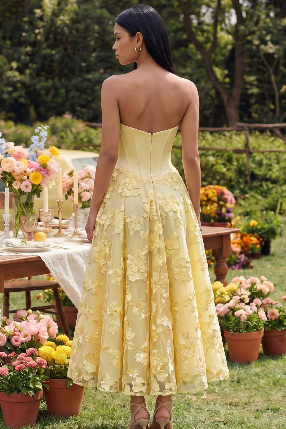 Yellow Sweetheart Floral Corset Wedding Guest Dress