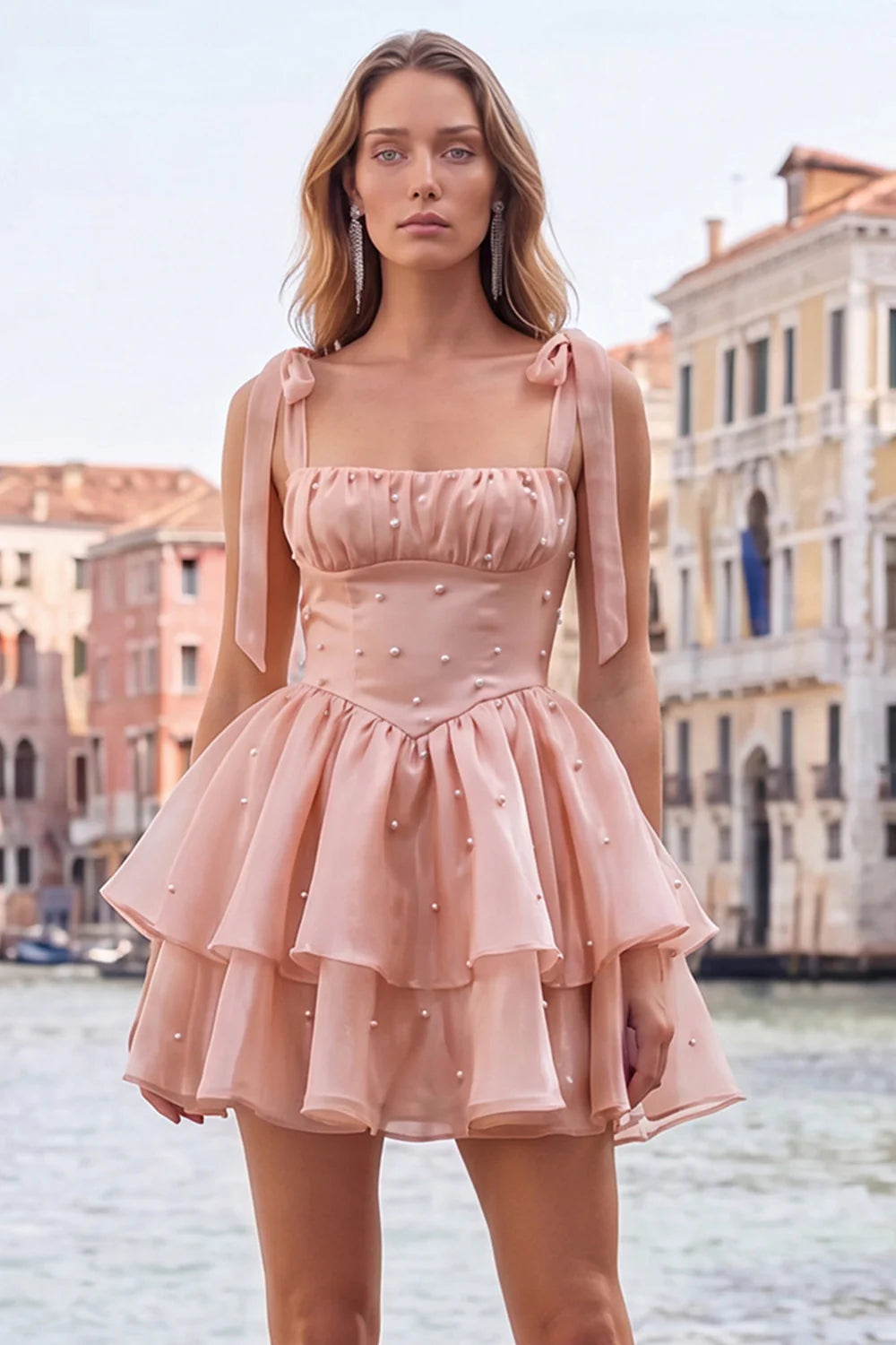 Cute Lilac A Line Pearl Tiered Short Homecoming Dress with Lace Up Back