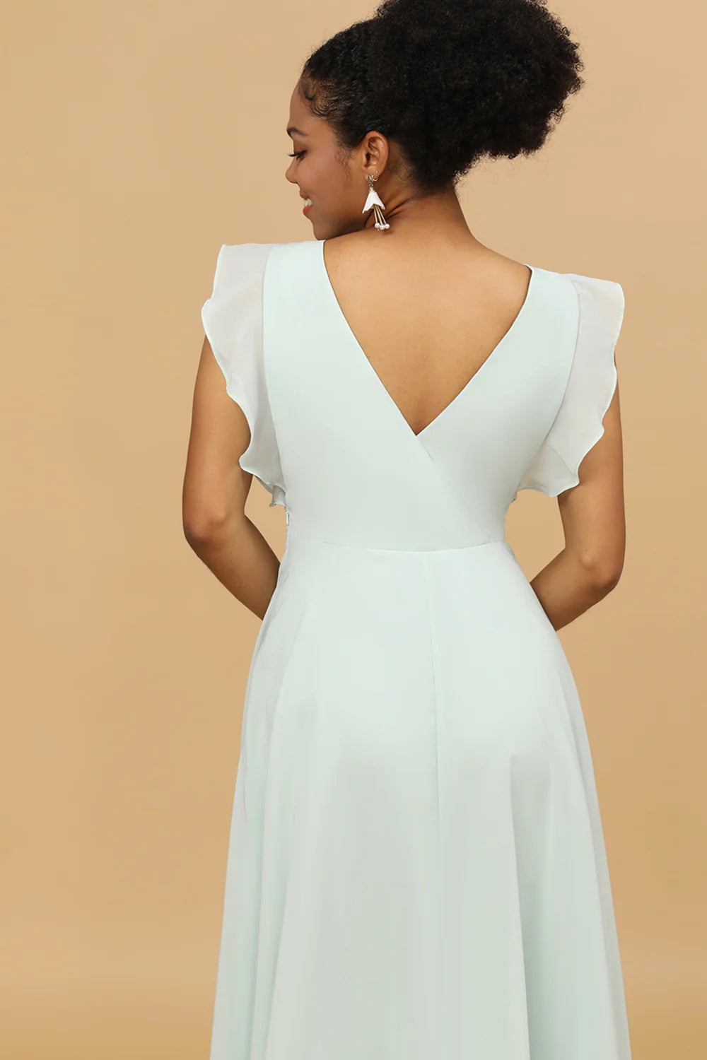 Mint V Neck Long Chiffon Bridesmaid Dress with Slit