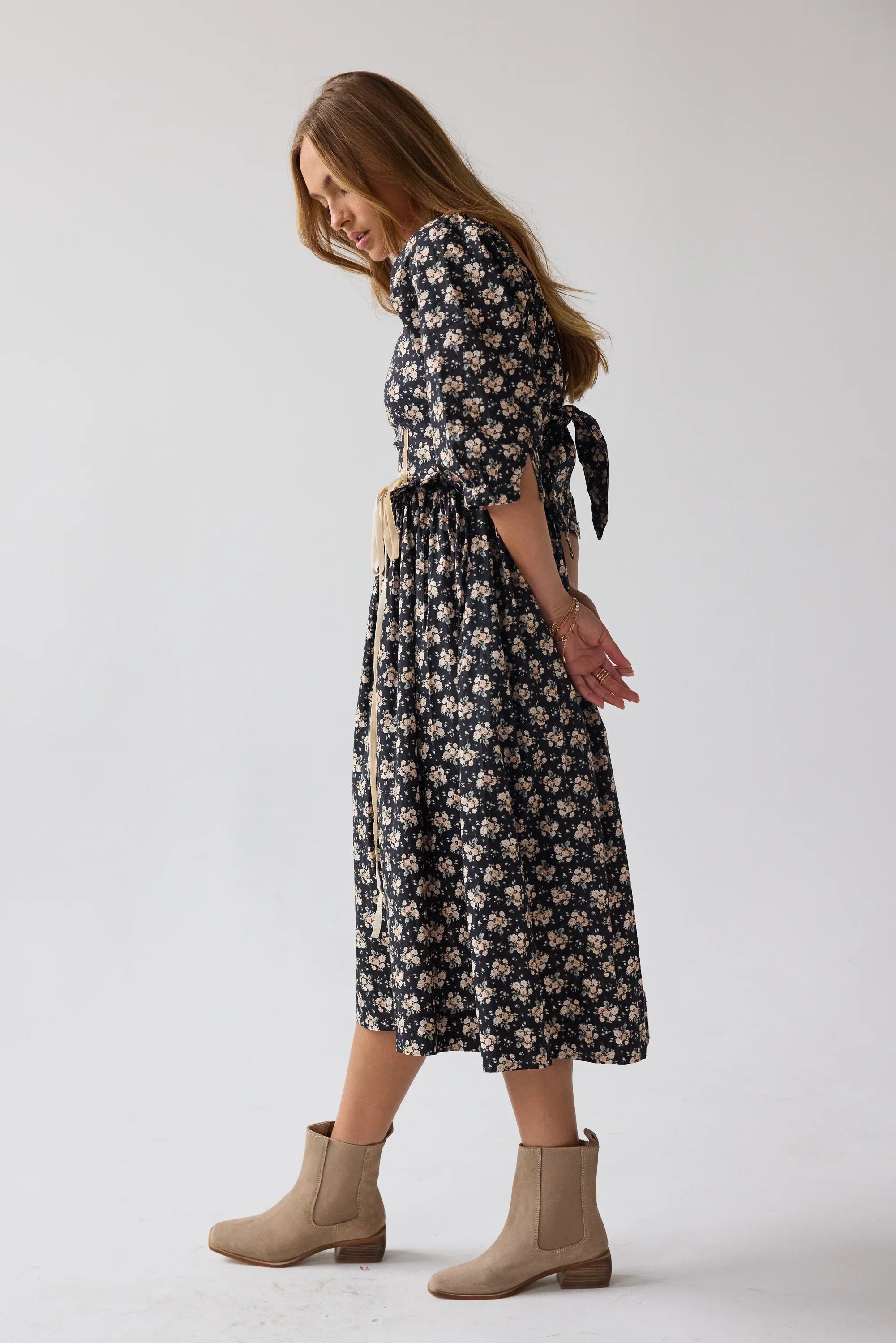 Gloria Floral Midi Dress in Black FINAL SALE