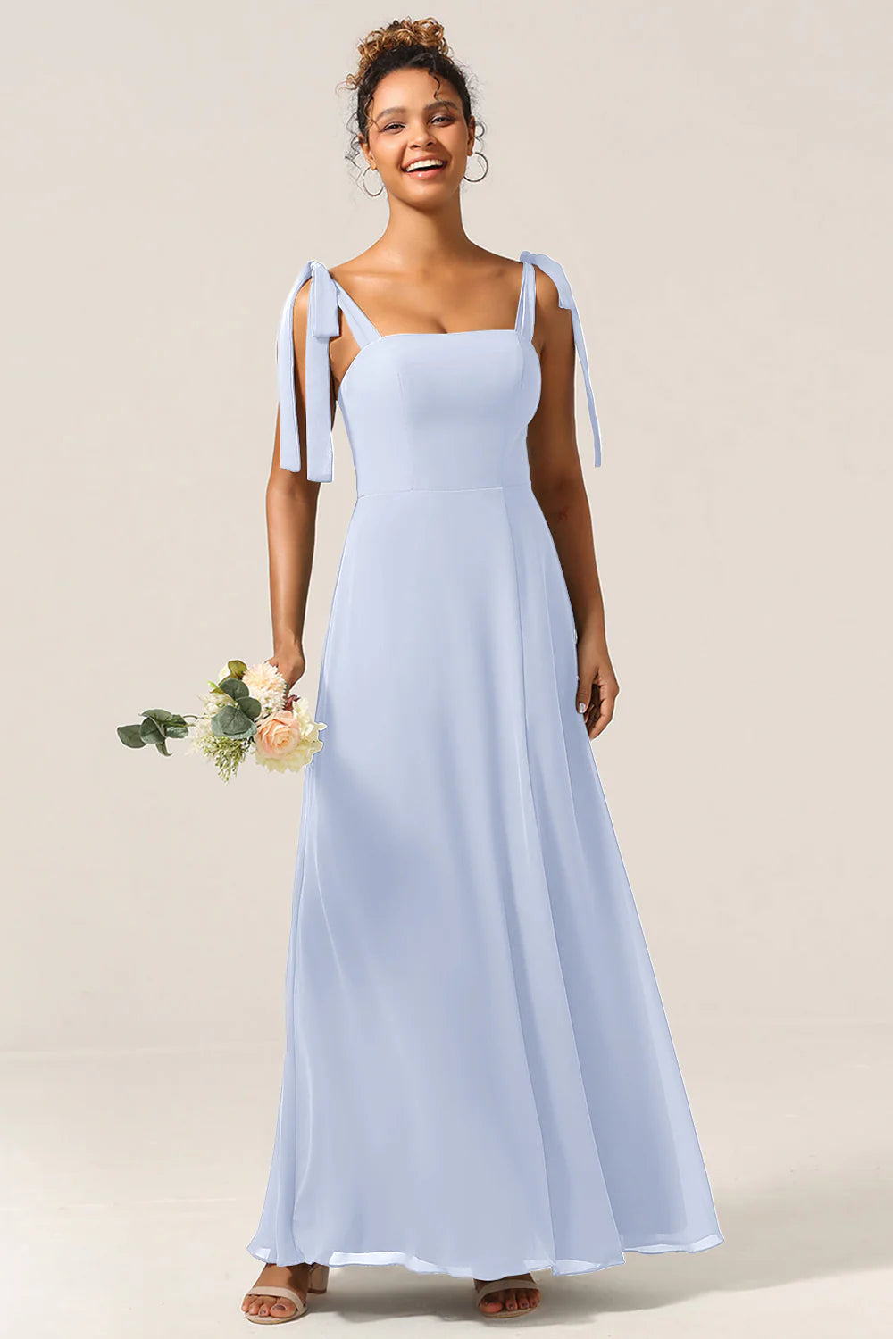 A Line Spaghetti Straps Floor Length Chiffon Bridesmaid Dress with Slit