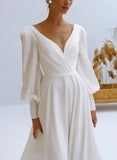 A Line V Neck Long Sleeves Chiffon Wedding Dresses With Beading