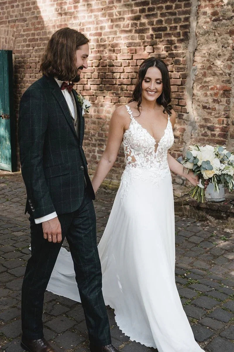Boho A Line V Neck Chiffon Wedding Dresses with Appliques