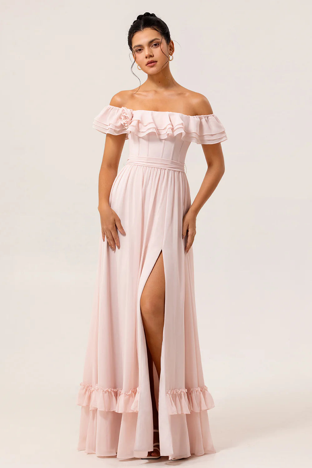 Blush A Line Off the Shoulder Ruffle Corset Plus Size Bridesmaid Dress with Rosette